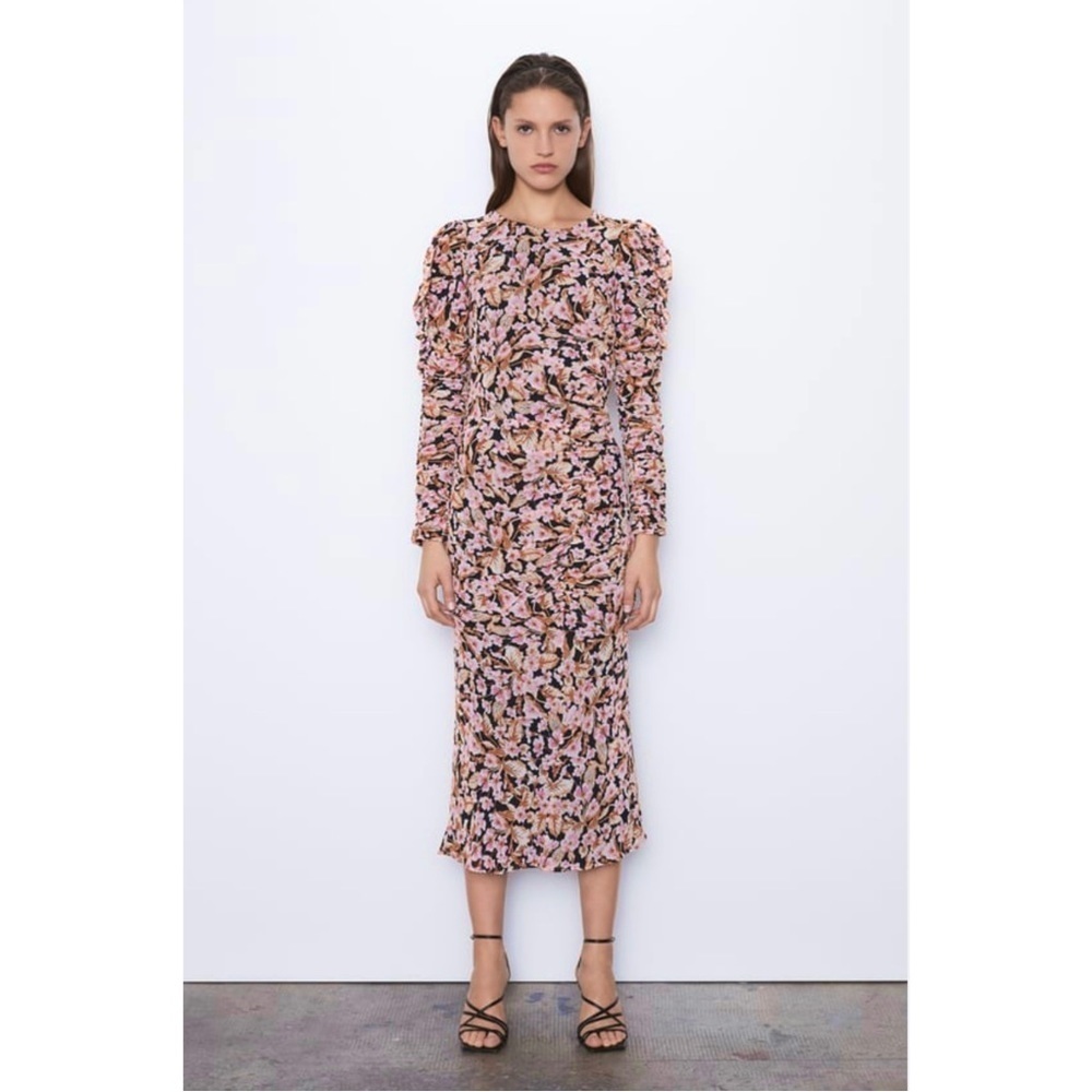 ZARA Floral Ruched Midi Puff Sleeve Dress